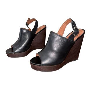 Lucky Brand Ronand Black Leather Platform Wedge Slingback Peep Toe Sandals Sz 10